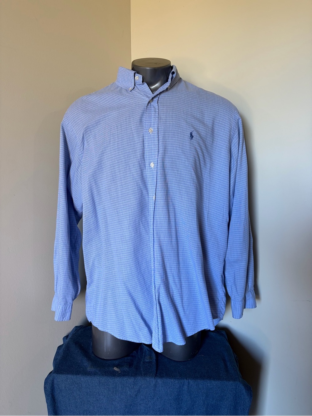 Vintage 17 34/35 XL Ralph Lauren Yarmouth Shirt Men Blue Plaid Button Up Cotton